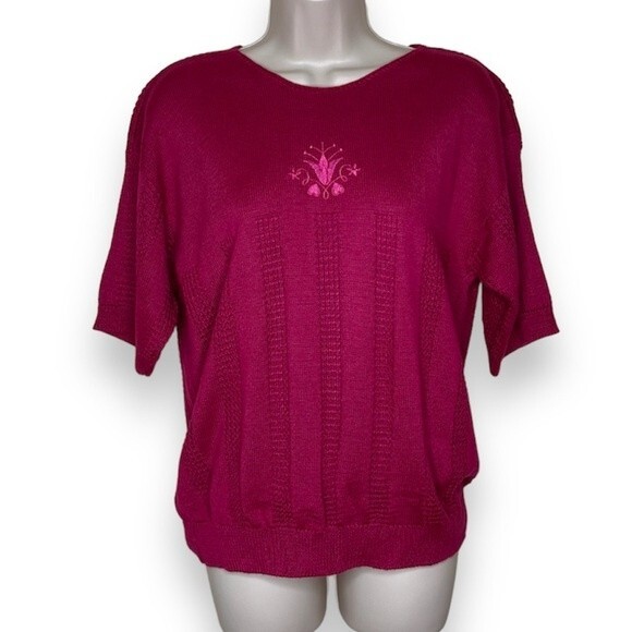 Vintage Cricket Lane Short Sleeve Embroidered Sweater Berry Pink Women Large - Picture 1 of 11